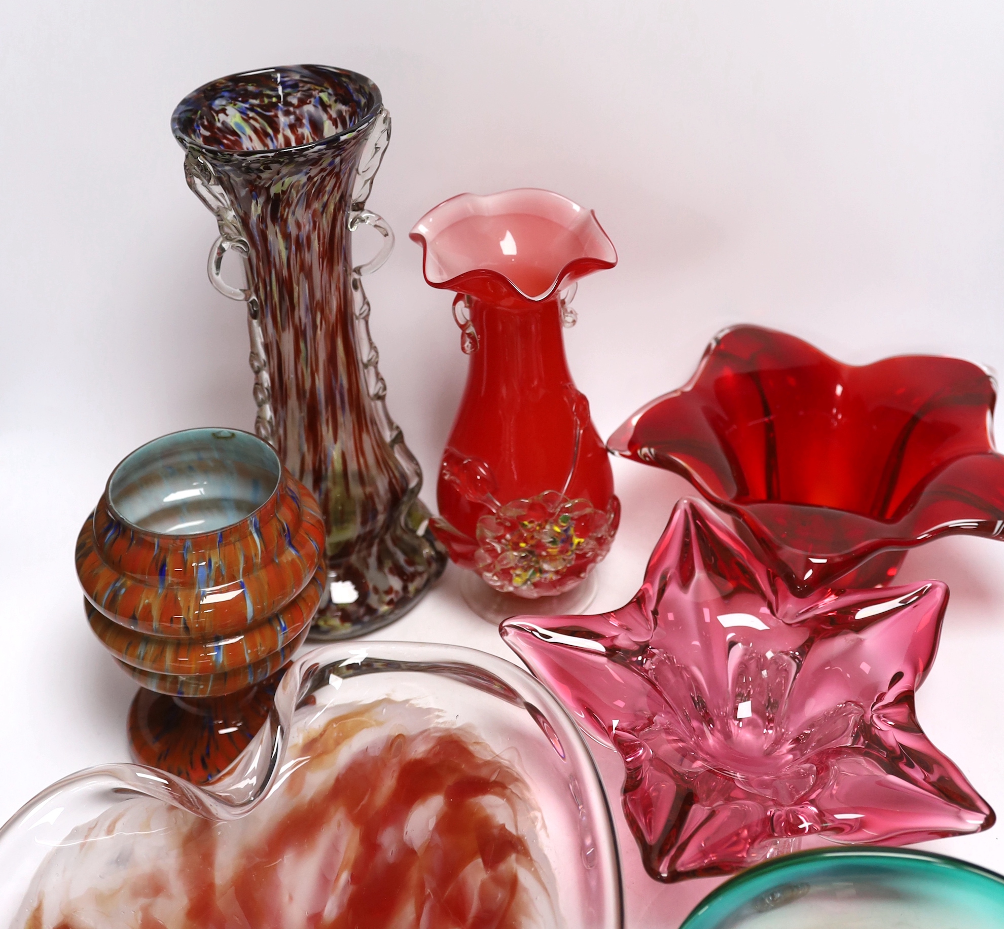 Nine pieces of Murano glassware to include a leaf design dish and three vases, largest 31cm high